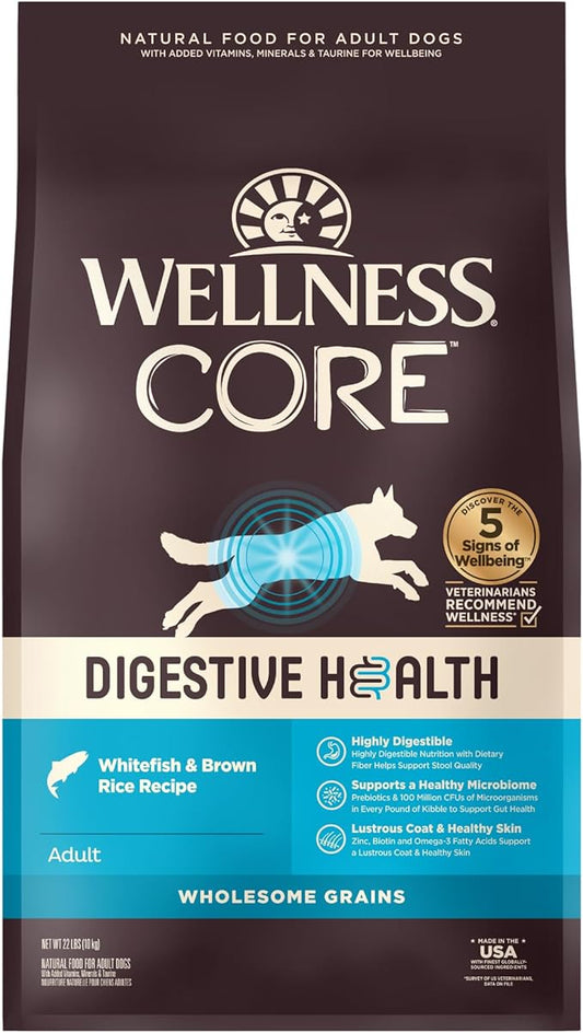 Wellness CORE Digestive Health Dry Dog Food with Wholesome Grains, Highly Digestible, for Dogs with Sensitive Stomachs, Made in USA with Real Protein (Whitefish & Brown Rice, 22-Pound Bag)