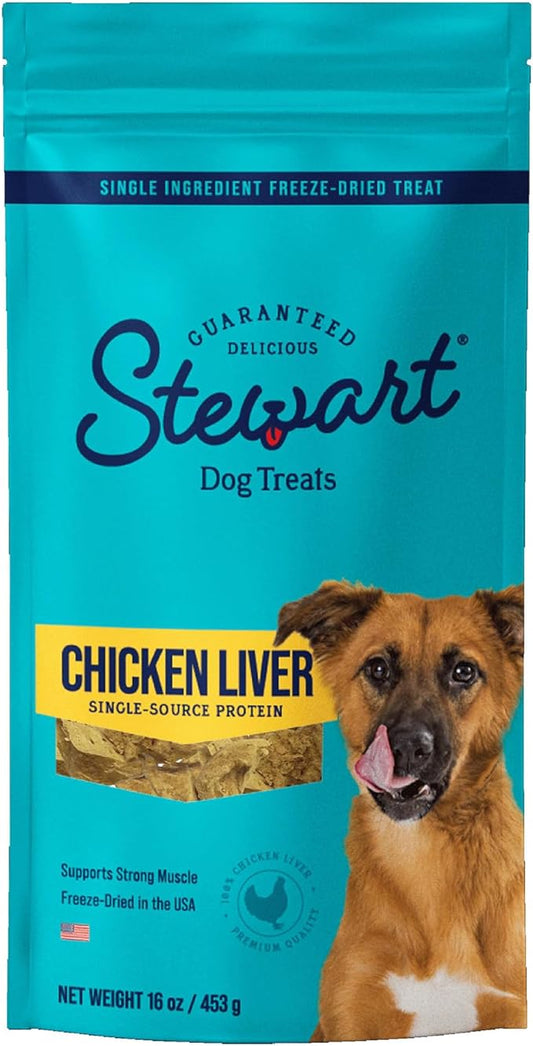 Stewart Freeze Dried Dog Treats, Chicken Liver, 16 oz, Grain Free & Gluten Free, Resealable Pouch, Single Ingredient, training treat in Beef Liver, Salmon, Chicken Liver & Chicken Breast 4, 14, 21oz