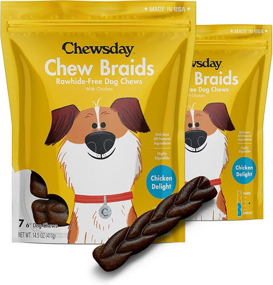6-Inch Dog Chew Braids, Made in The USA, All Natural Rawhide-Free Highly-Digestible Treats, Chicken Delight - 14 Count