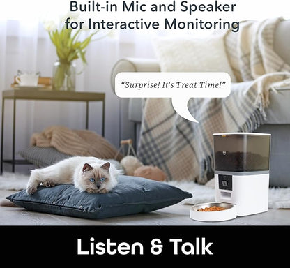 Geeni 6L Smart Pet Feeder with Camera, 1080p HD, Night Vision, Two-Way Audio, Pre-Recorded Messages, WiFi Enabled, Voice Control with Alexa & Google Home, Automatic Cat & Dog Food Dispenser, White