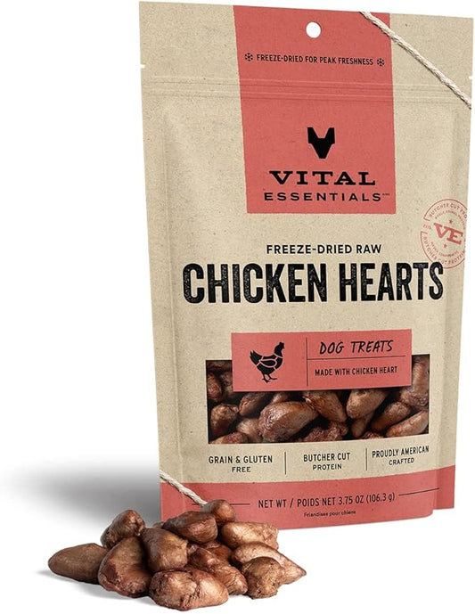 Vital Essentials Freeze Dried Raw Single Ingredient Dog Treats, Chicken Hearts, 3.75 oz