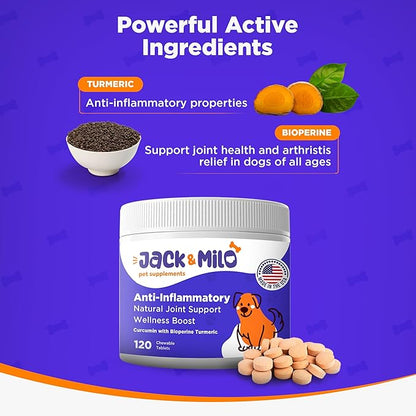 Jack & Milo - Dogs Supplement Kit - Turmeric Anti Inflammatory Hip and Joint + Organic Cranberry UTI Incontinence + Allergy, Digestive & Immune Support Probiotic - 120 Tablets x 3