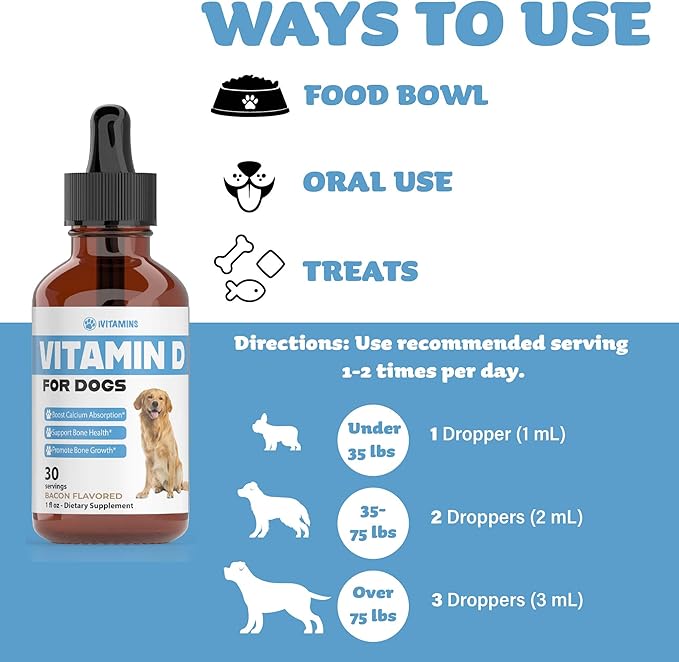 Vitamin D for Dogs | Supports Strong & Health Bones | Vitamin D Supplements for Dogs | Vitamin D Dog | Dog Vitamins and Supplements | Dog Vitamins Multivitamin | Vitamins for Dogs | 1 fl oz