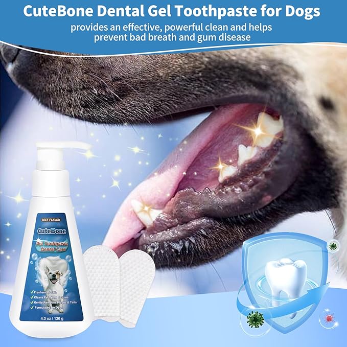 CuteBone Beef-Flavored Enzymatic Dog Toothpaste 4.3oz/120g with 10 Count Pet Dental Finger Dry Wipes Dental Care for Fresh Breath & Healthy Gums