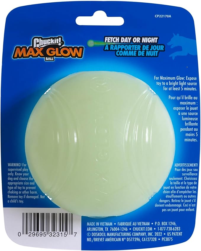 Chuckit Max Glow Ball Dog Toy, Extra Large (3.5 Inch Diameter) for dogs 100+ lbs, Pack of 1
