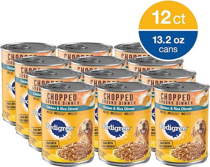 PEDIGREE CHOPPED GROUND DINNER Adult Canned Soft Wet Dog Food, Chicken & Rice Dinner, 13.2 oz. Cans (Pack of 12)