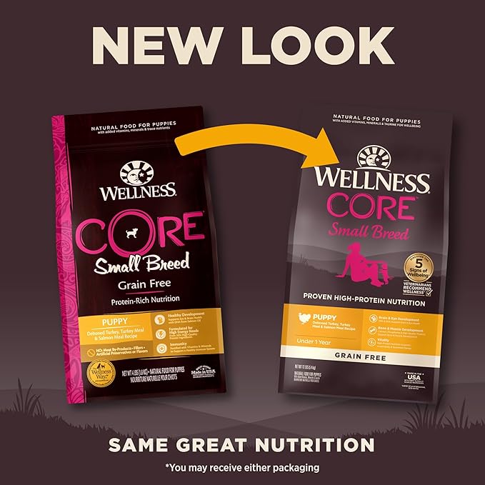 Wellness Natural Pet Food CORE Grain-Free High-Protein Small Breed Dry Dog Food, Natural Ingredients, Made in USA with Real Meat (Puppy ,Turkey, 12-Pound Bag)