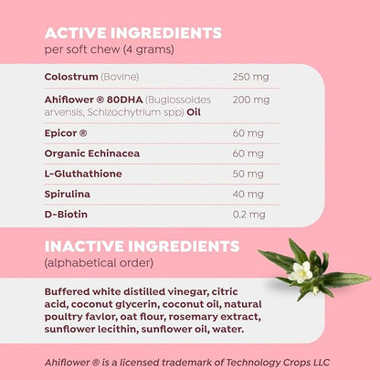 Allergy and Itch Chews – Chicken Flavored Dog Allergy Chews – Plant Based Dog Chews with Colostrum and Spirulina – Dog Skin and Coat Supplement for Itch Relief and Digestive Health, 60 Chews