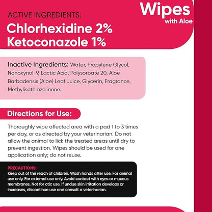 Truseb Topical Ketoconazole and Chlorhexidine Wipes for Dogs, Cats and Horses - with Aloe for Cleansing - 50 count (Ketoconazole & Chlorhexidine Wipes, 50 count)