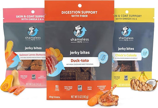 Shameless Pets Jerky Dog Treats, Variety 3-Pack - Healthy Chews with Chicken, Beef & Duck for Dogs - Dog Treats with Real Ingredients - Free from Grain, Corn & Soy