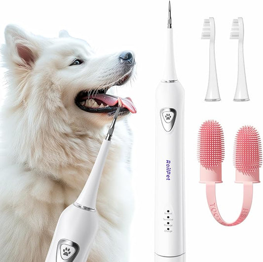Dog Teeth Cleaning Kit, Dog Plaque and Tartar Remover with Dog Finger Toothbrush, Rechargeable Sonic Electric Dog Tooth Scraper & Brushing Kit for Dog, Pet