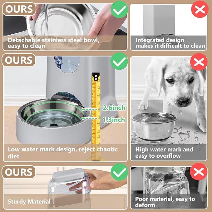 2 Pack Automatic Cat Feeder and Water Dispenser with Stainless Steel Dog Bowl Gravity Self Feeding for Small Medium Pets Puppy Kitten 1 Gallon x 2 (Pink) (grey)