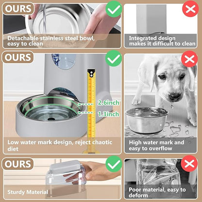 2 Pack Automatic Cat Feeder and Water Dispenser with Stainless Steel Dog Bowl Gravity Self Feeding for Small Medium Pets Puppy Kitten 1 Gallon x 2 (Pink) (grey)