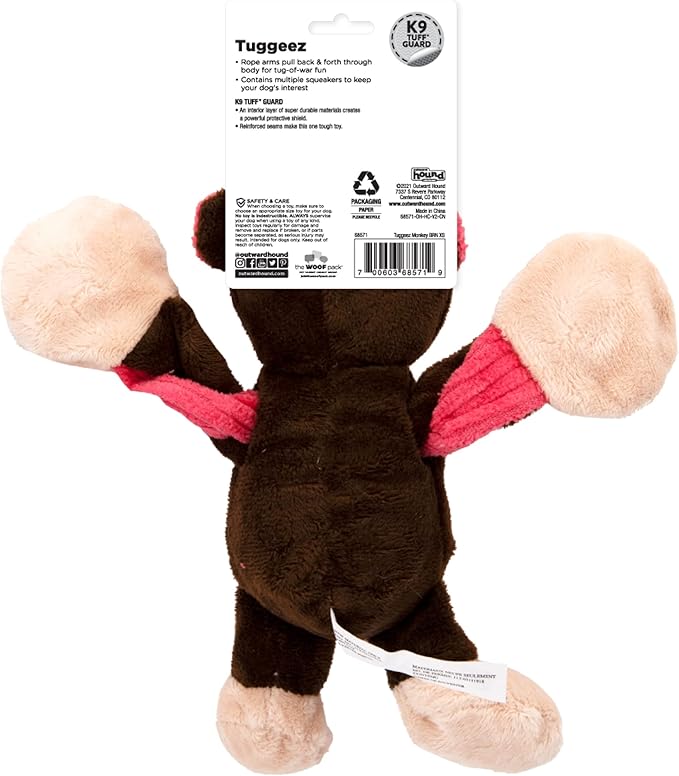 Outward Hound Baby Pulleez Monkey Squeaky Plush Dog Toy with Ropes for Pull-Through Tugging Action