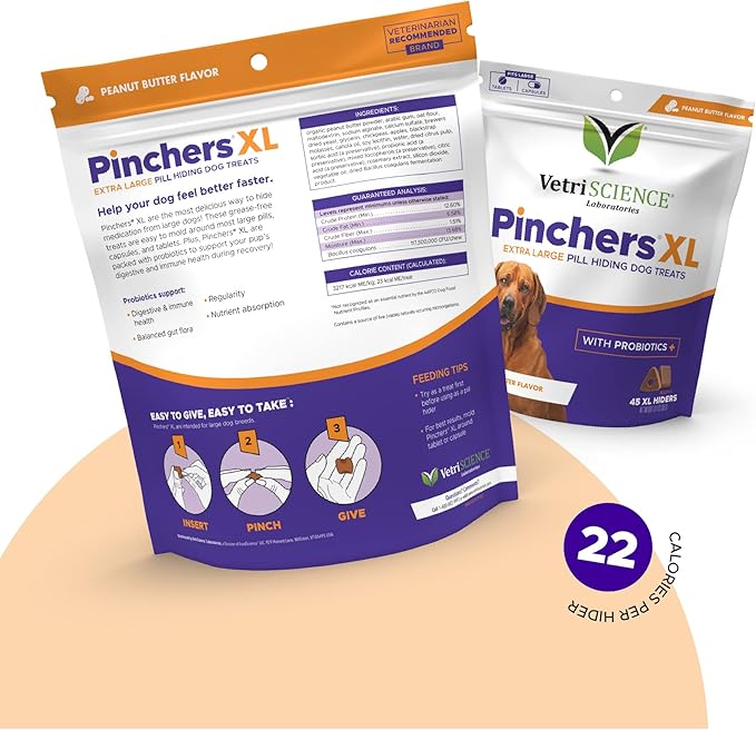VETRISCIENCE Pinchers XL Pill Hiding Treats for Dogs – Extra Large Pill Hiders with Probiotics, Great for Medicine, Large Capsules and Tablets