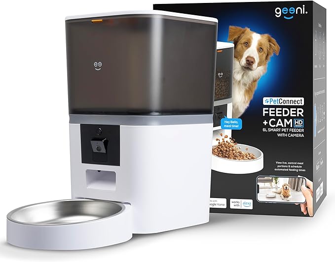 Geeni 6L Smart Pet Feeder with Camera, 1080p HD, Night Vision, Two-Way Audio, Pre-Recorded Messages, WiFi Enabled, Voice Control with Alexa & Google Home, Automatic Cat & Dog Food Dispenser, White