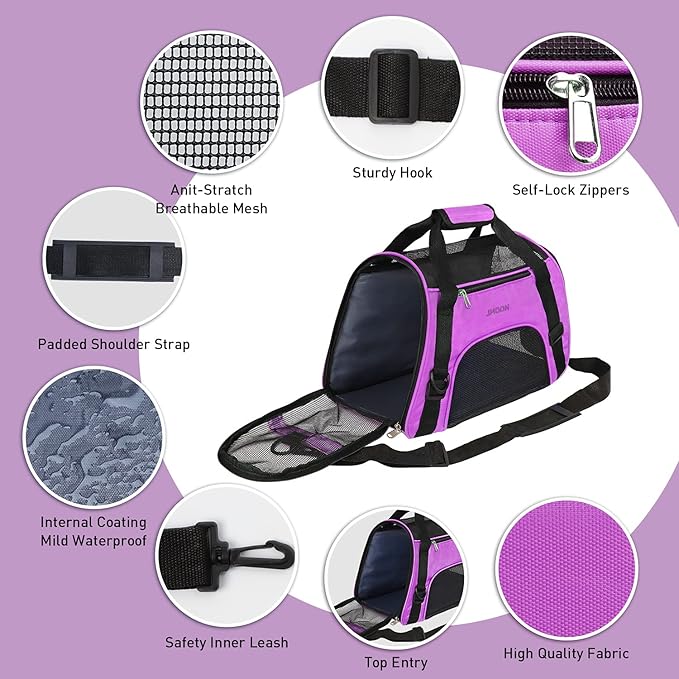 JMOON Cat Carrier Soft-Sided Airline Approved Pet Carrier Bag,Pet Travel Carrier for Cats,Dogs Puppy Comfort Portable Foldable Pet Bag (Medium, Purple)