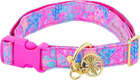 Lilly Pulitzer Adjustable Puppy Dog Collar, Cute Heavy Duty Canvas Collar with Snap Closure and Ring for Leash/Tag, Splendor in The Sand (M/L)