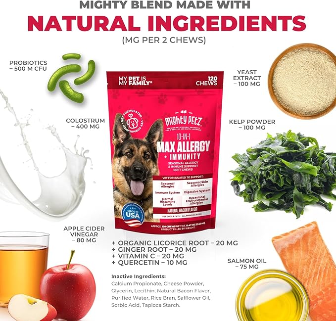 Mighty Petz MAX Dog Allergy Relief Chews - Itch Relief for Dogs. Dog Allergy Chews, Seasonal Allergies, Dog Itchy Skin & Immune Support Supplement. Colostrum & Probiotics
