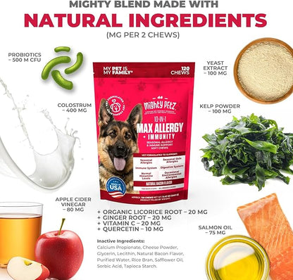 Mighty Petz MAX Dog Allergy Relief Chews - Itch Relief for Dogs. Dog Allergy Chews, Seasonal Allergies, Dog Itchy Skin & Immune Support Supplement. Colostrum & Probiotics