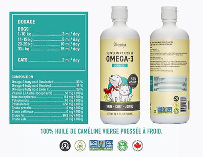 Camelina Oil for Dogs & Cats, 500mL by Olimega Farm | High in Omega-3 & Vitamin E | Support for Healthy Joints, Coat & Skin | Alternative to Salmon Oil for Dogs | Made in Canada | Non-GMO