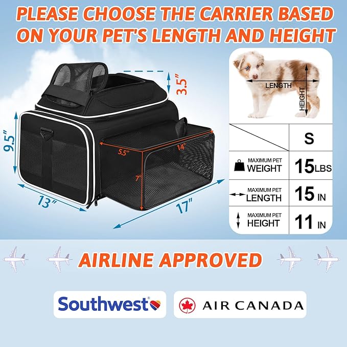 Top and Side Expandable Pet Carrier 17x13x9.5 Inches Southwest Airline Approved, Soft-Sided Carrier for Small Cats and Dogs with Locking Safety Zippers and Anti-Scratch Mesh(Black)