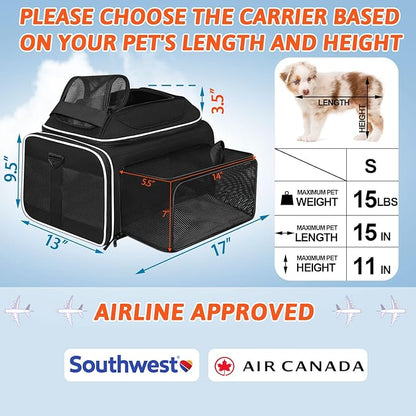Top and Side Expandable Pet Carrier 17x13x9.5 Inches Southwest Airline Approved, Soft-Sided Carrier for Small Cats and Dogs with Locking Safety Zippers and Anti-Scratch Mesh(Black)