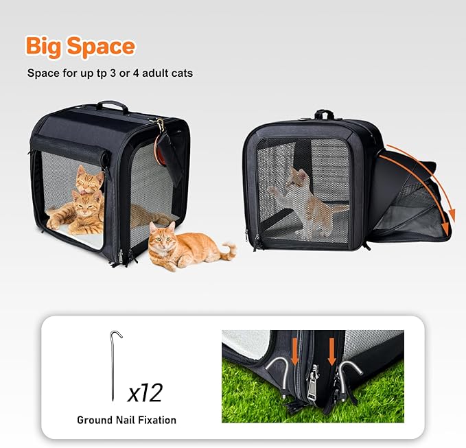 Large Cat Carrier,Cat Travel Carrier with Litter Box,Double Cat Carrier for 2 Cats and Medium Dog,Portable 2-in-1 Dog Compartment Travel Crate House with Foldable Bowl/Mats/Tent Stakes
