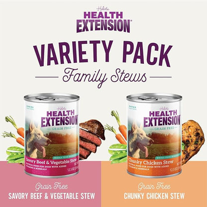 Health Extension Variety Pack of Wet Dog Food Chunky Chicken Stew Canned and Savory Beef & Vegetable Stew Canned - 12.5 Oz / 374g Each, Gluten & Grain-Free, Added Vitamins & Mineral