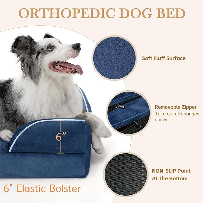 XXL Orthopedic Dog Bed, Waterproof Orthopedic Foam Extra Large Dog Beds, Washable Dog Sofa Bed with Removable Cover & Non-Slip Bottom(XX-large,Navy Blue)