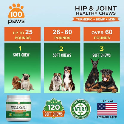 Hip & Joint Supplement for Dogs - Hemp Oil Infused Soft Chews Dog Treats w/Glucosamine, Turmeric, Chondroitin, MSM & Omega 3 6 9 -Supports Pet Mobility & Pain Relief-120 Treat Bites