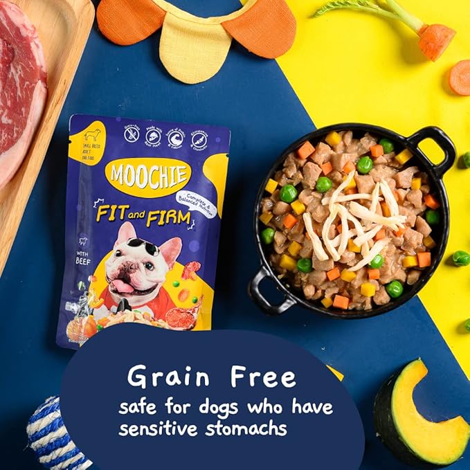 MOOCHIE Fit and Firm Wet Dog Food - Grain Free Wet Dog Food - Made with Real Beef and Vegetables - No Added Preservatives or Artifical Flavors - Suitable for Small Adult Breeds - 12 x 85g Pouch
