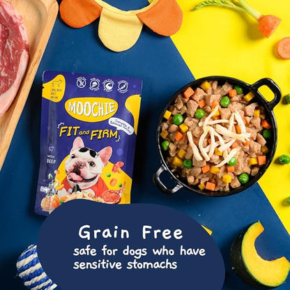 MOOCHIE Fit and Firm Wet Dog Food - Grain Free Wet Dog Food - Made with Real Beef and Vegetables - No Added Preservatives or Artifical Flavors - Suitable for Small Adult Breeds - 12 x 85g Pouch