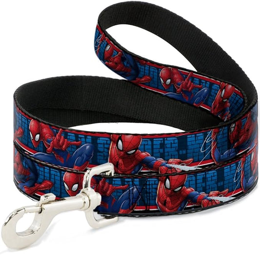 Buckle-Down Dog Leash Spider Man 3 Action Poses Bricks Stripe Blues Red White Available in Different Lengths and Widths for Small Medium Large Dogs and Cats, Multicolor, DL-WSPD065