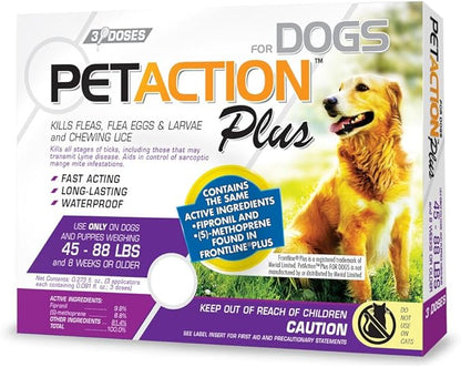 Pet Action Plus Flea & Tick Treatment for Large Dogs, 45-88 lbs, 3 Month Supply