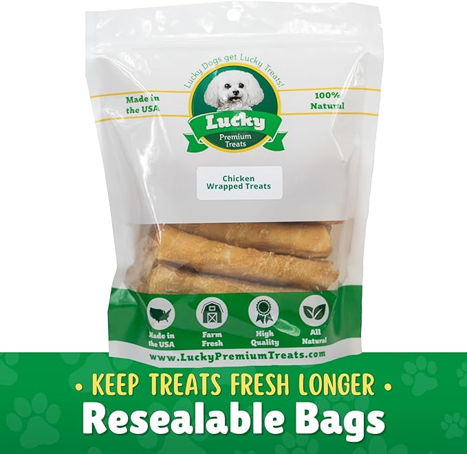 Lucky Premium Treats Chicken Wrapped Dog Treats – USA Made Raw Hide Sticks for Medium Dogs – Long Lasting, Preservative Free Dog Treats – 32 Chews