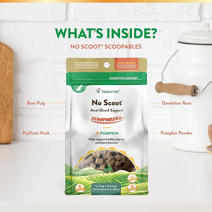 NaturVet Scoopables No Scoot For Dog Bite - Anal Gland Support For Dogs - Supports Normal Bowel Function - Chewable Stool & Bowel Health Pet Supplement - Pumpkin, Psyllium Husk, & Beet Pulp | 11oz Bag