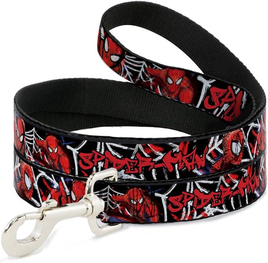 Dog Leash Spider Man 3 Poses Spider Web Sketch Black White Red 6 Feet Long 1.0 Inch Wide
