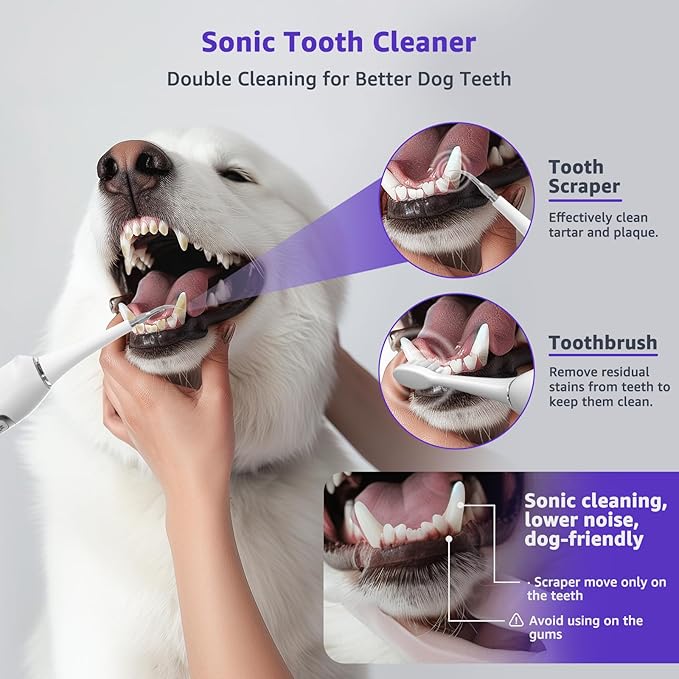 Dog Teeth Cleaning Kit, Dog Plaque and Tartar Remover with Dog Finger Toothbrush, Rechargeable Sonic Electric Dog Tooth Scraper & Brushing Kit for Dog, Pet