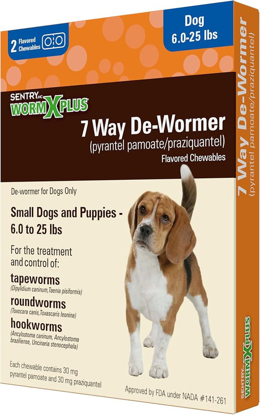 HC WORM X PLUS 7 Way De-Wormer (pyrantel pamoate/praziquantel), for Puppies and Small Dogs, 6-25 lbs, Chewable, 2 Count