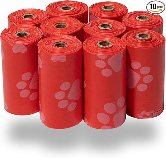 Best Pet Supplies Dog Poop Bags (150 Bags) for Waste Refuse Cleanup, Doggy Roll Replacements for Outdoor Puppy Walking and Travel, Leak Proof and Tear Resistant, Thick Plastic - Red