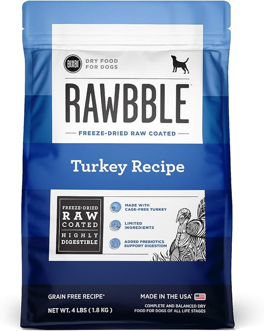 BIXBI Rawbble Dry Dog Food, Turkey, 4 lbs - USA Made with Fresh Meat - No Meat Meal & No Corn, Soy or Wheat - Freeze Dried Raw Coated Dog Food - Minimally Processed for Superior Digestibility