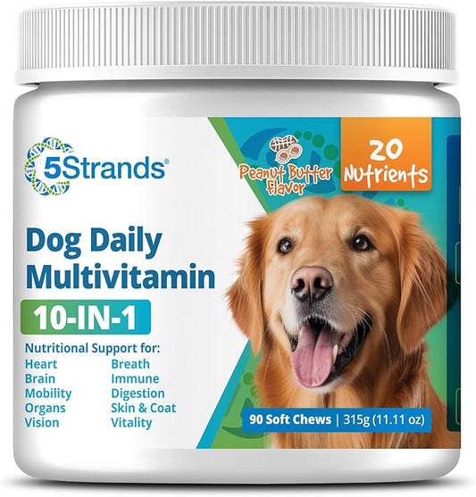 5Strands Dog Multivitamin Chews, 10-in-1, Vitamins & Postbiotics, All Ages & Breeds - Digestion, Brain, Organs, Heart, Mobility, Vision, Skin & Coat, Immunity - Dog Supplement (Peanut Butter, 90ct)