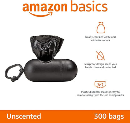 Amazon Basics Dog Poop Leak Proof Bags With Dispenser and Leash Clip, Unscented, 300 Count, 20 Pack of 15, Black, 13 Inch x 9 Inch