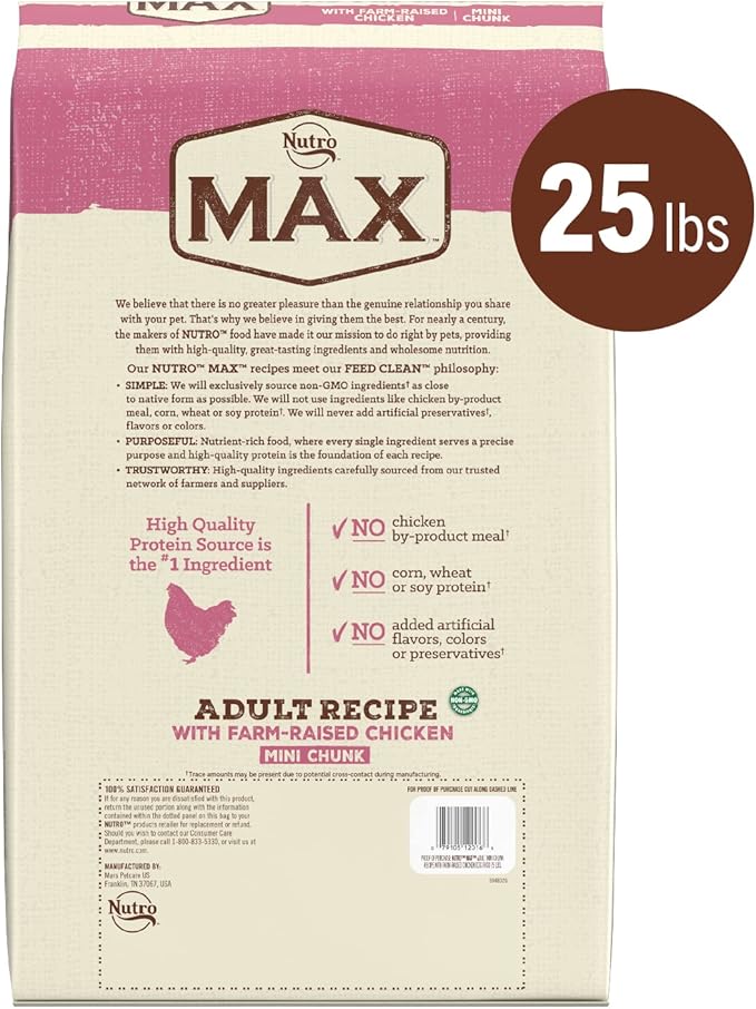 NUTRO MAX Adult Mini Chunk Recipe Dry Dog Food With Farm-Raised Chicken, 25 LB Bag