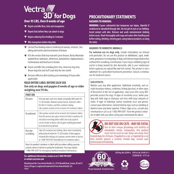 Vectra 3D for Dogs Flea, Tick & Mosquito Treatment & Prevention for Extra Large Dogs (over 95 lbs) , 3 month supply