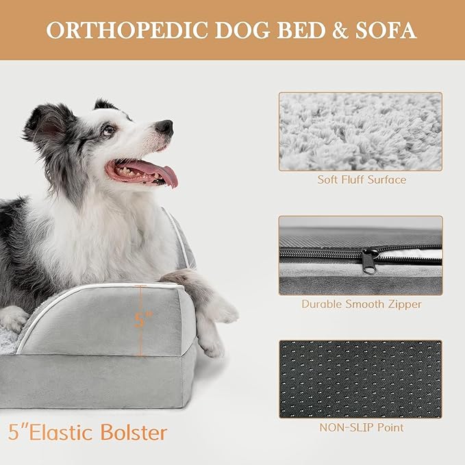 XXL Dog Bed for Extra Large Dogs, Cooling Dog Bed, Orthopedic Memory Foam Dog Bed for Giant Dogs, Waterproof Dog Bed with Bolster & Removable Cover(XX-large,Light Grey)