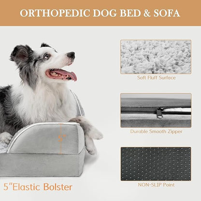 XXL Dog Bed for Extra Large Dogs, Cooling Dog Bed, Orthopedic Memory Foam Dog Bed for Giant Dogs, Waterproof Dog Bed with Bolster & Removable Cover(XX-large,Light Grey)
