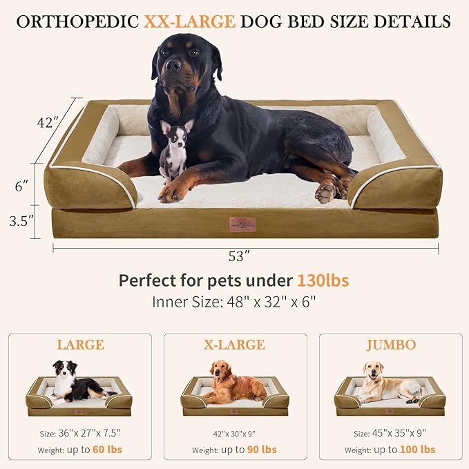XXL Orthopedic Dog Bed, Waterproof Dog Beds for Extra Large Dogs, Washable Dog Bed Sofa Pet Bed with Removable Cover & Non-Slip Bottom(XX-large,Khaki)