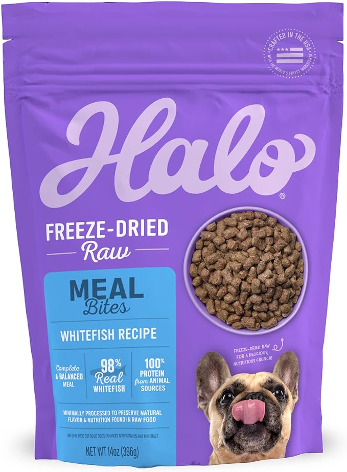 Halo Meal Bites Freeze Dried Raw Dog Food, Whitefish Recipe, Real Meat Dog Food Bag, Adult Recipe, 14-OZ Bag